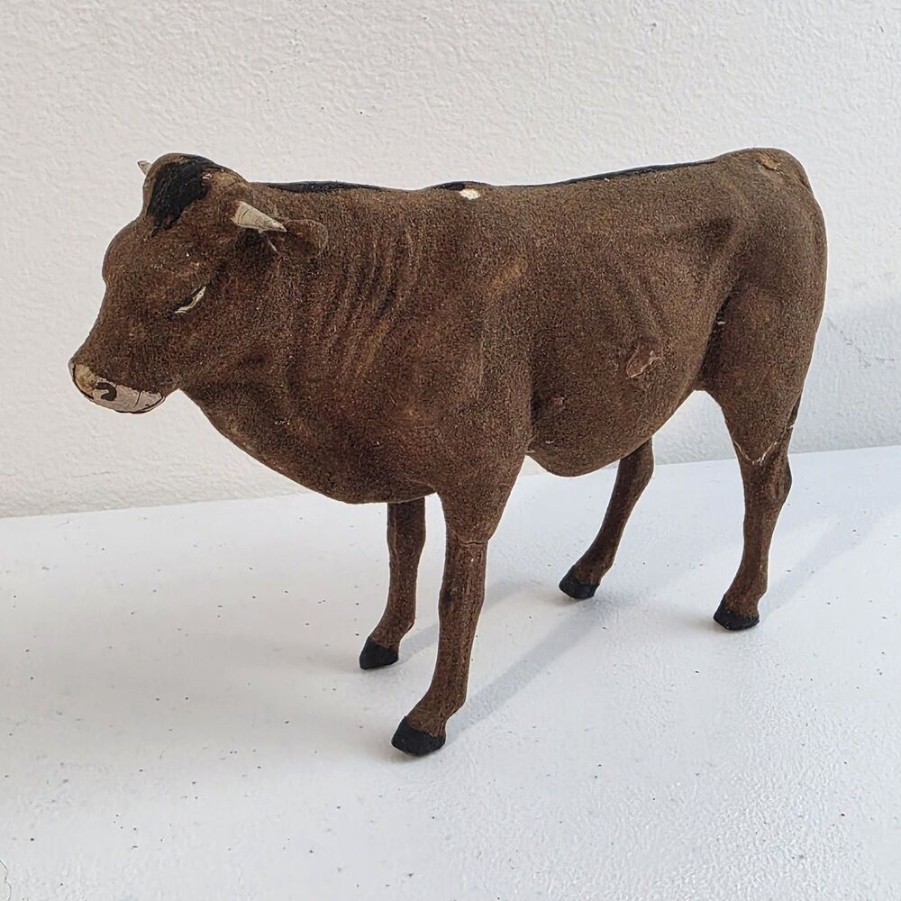 Antique Lg German Putz Stick Leg Nativity Christmas flocked cow 6.25” L Vtg Bull
